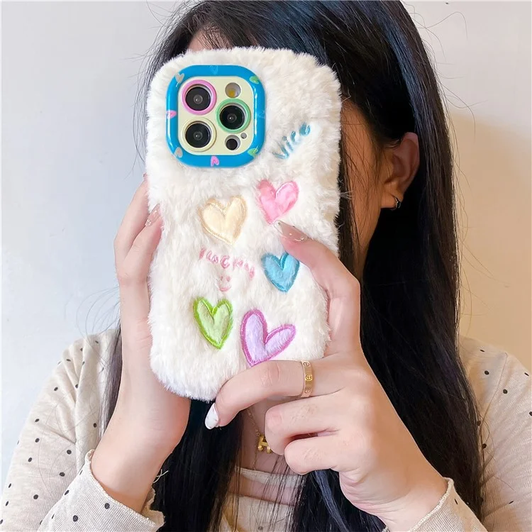 Для Iphone 15 Pro Max Case Lens Lins Stand Closful Heart Emelcodery Fluffy Tpu Cover Cover - Белый