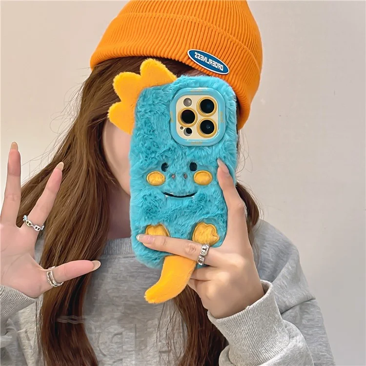 Для Iphone 15 Pro Max Case Monster Dinosaur Lens Lens Kickstand Tpu Теплый Плюшевый Телефон.