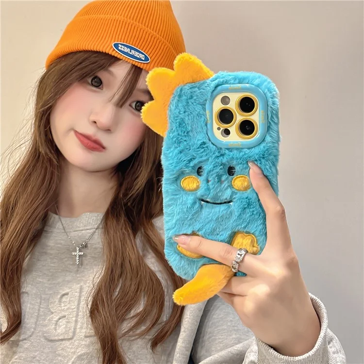 Для Iphone 15 Pro Max Case Monster Dinosaur Lens Lens Kickstand Tpu Теплый Плюшевый Телефон.