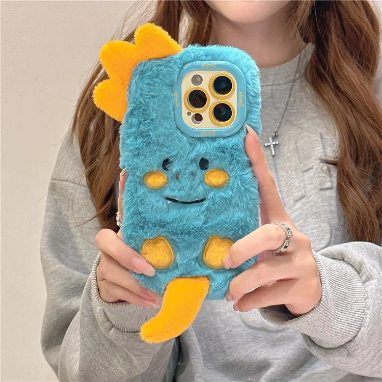 Для Iphone 15 Pro Max Case Monster Dinosaur Lens Lens Kickstand Tpu Теплый Плюшевый Телефон.