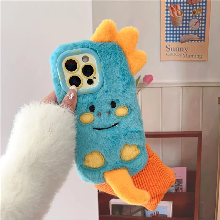 Для Iphone 15 Pro Max Case Monster Dinosaur Lens Lens Kickstand Tpu Теплый Плюшевый Телефон.