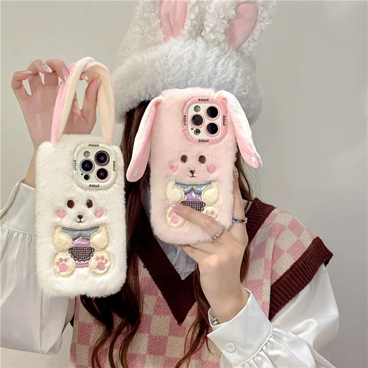 Для Iphone 15 Pro Max Case Cult Line Rabbit Lens Lins Kickstand TPU Теплый Плюшевый Портативный Телефон. - Белый