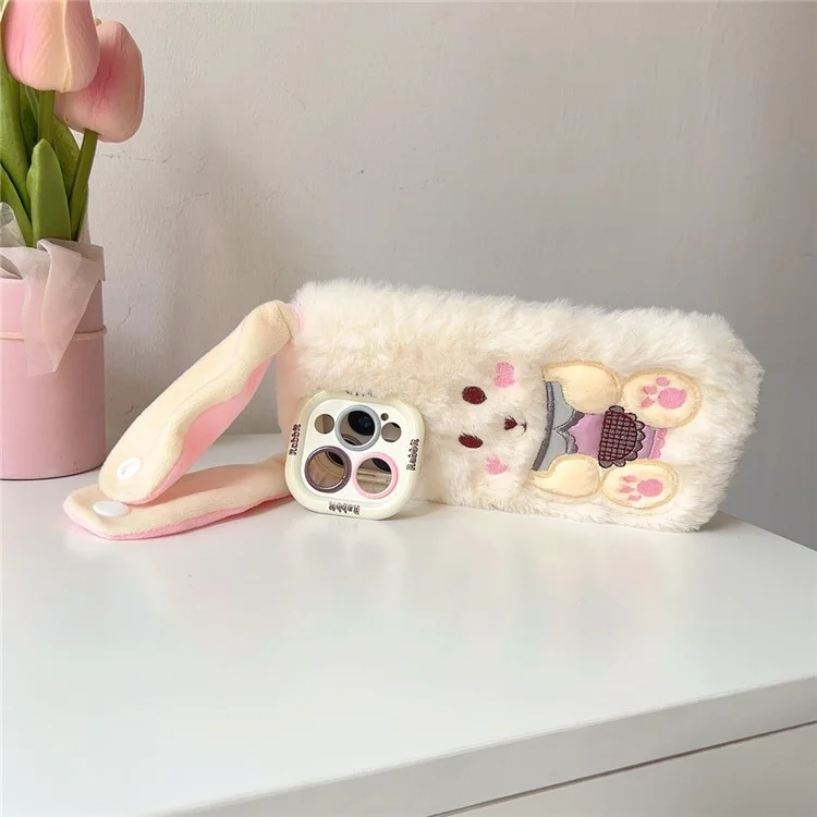 Для Iphone 15 Pro Max Case Cult Line Rabbit Lens Lins Kickstand TPU Теплый Плюшевый Портативный Телефон. - Белый