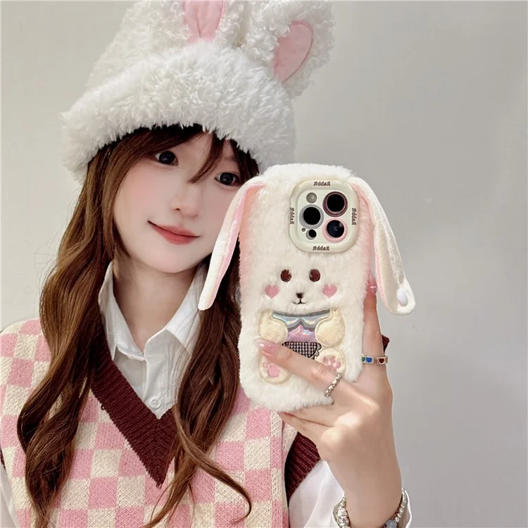 Для Iphone 15 Pro Max Case Cult Line Rabbit Lens Lins Kickstand TPU Теплый Плюшевый Портативный Телефон. - Белый