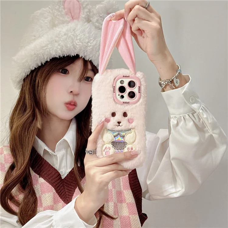 Для Iphone 15 Pro Max Case Cult Line Rabbit Lens Lins Kickstand TPU Теплый Плюшевый Портативный Телефон. - Белый