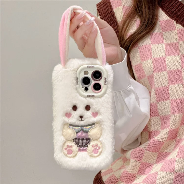 Для Iphone 15 Pro Max Case Cult Line Rabbit Lens Lins Kickstand TPU Теплый Плюшевый Портативный Телефон. - Белый