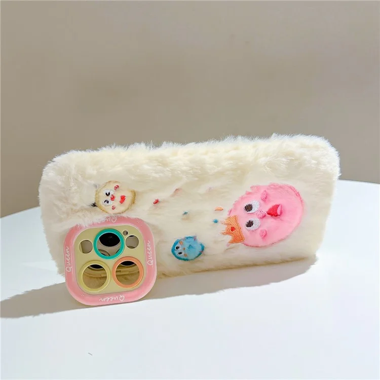 Für Iphone 15 Pro Max Case Planet Monster Objektiv Kickstand TPU Plüsch Pelzy Telefonabdeckung - Weiß