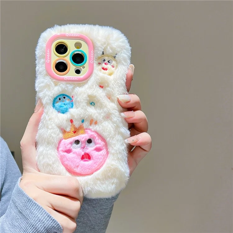 Für Iphone 15 Pro Max Case Planet Monster Objektiv Kickstand TPU Plüsch Pelzy Telefonabdeckung - Weiß