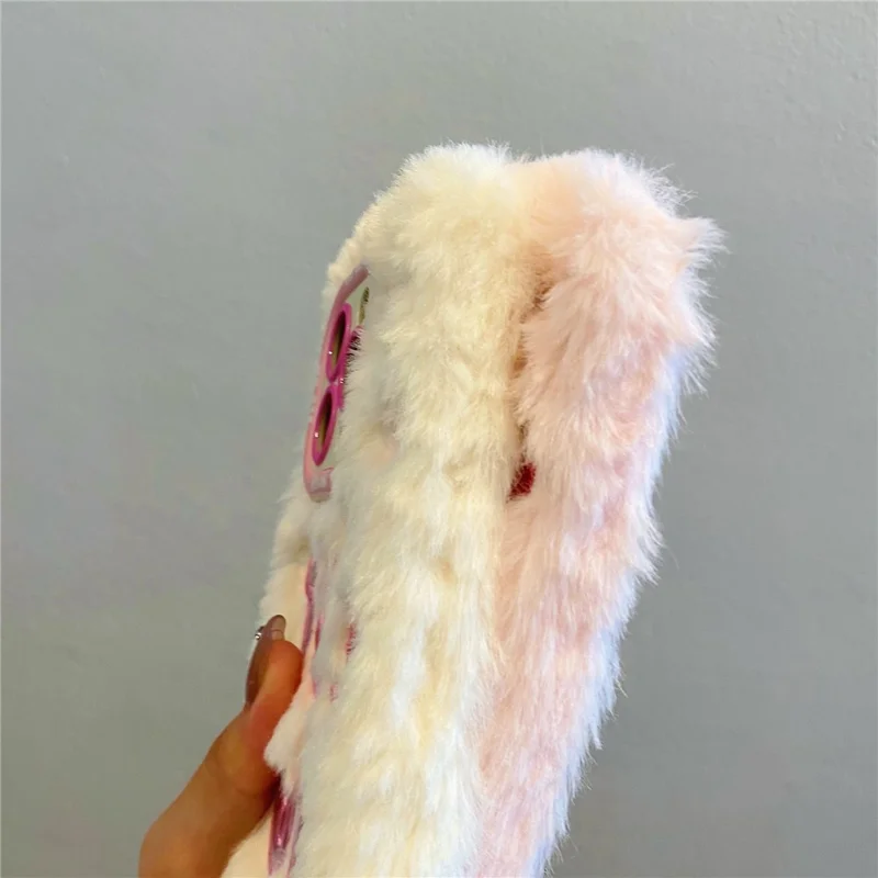 KJS-006 For iPhone 15 Pro Max Case It’S OK Lens Kickstand TPU Plush Furry Phone Cover - White