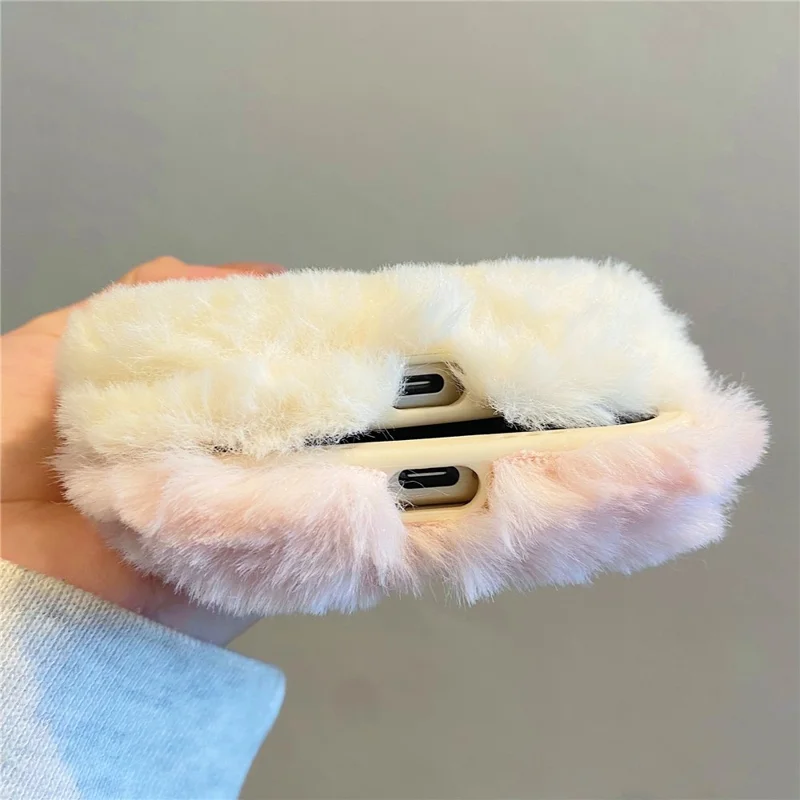 KJS-006 For iPhone 15 Pro Max Case It’S OK Lens Kickstand TPU Plush Furry Phone Cover - White