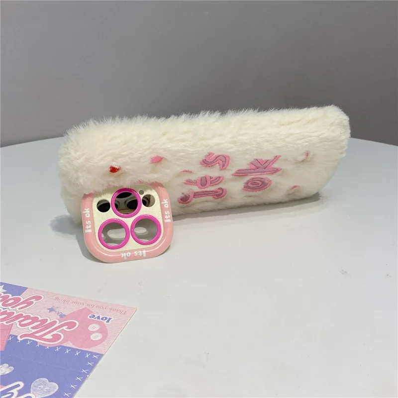 KJS-006 For iPhone 15 Pro Max Case It’S OK Lens Kickstand TPU Plush Furry Phone Cover - White