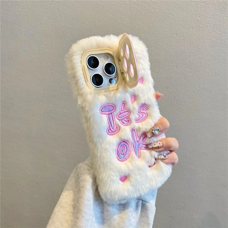 KJS-006 For iPhone 15 Pro Max Case It’S OK Lens Kickstand TPU Plush Furry Phone Cover - White