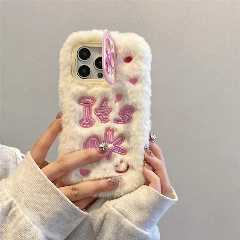 KJS-006 For iPhone 15 Pro Max Case It’S OK Lens Kickstand TPU Plush Furry Phone Cover - White