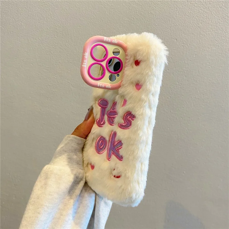 KJS-006 For iPhone 15 Pro Max Case It’S OK Lens Kickstand TPU Plush Furry Phone Cover - White