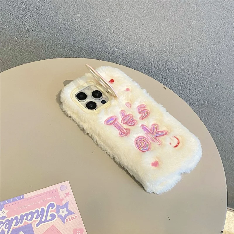 KJS-006 For iPhone 15 Pro Max Case It’S OK Lens Kickstand TPU Plush Furry Phone Cover - White