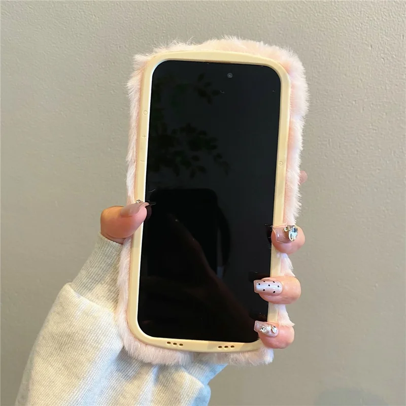 KJS-006 For iPhone 15 Pro Max Case It’S OK Lens Kickstand TPU Plush Furry Phone Cover - White
