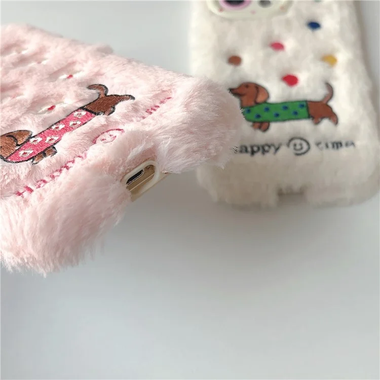 Для Iphone 15 Pro Max Case Case Throughed Dachshund Lens Lens Lins Wickstand TPU Шикарная Пушистая Телефонная Крышка - Белый