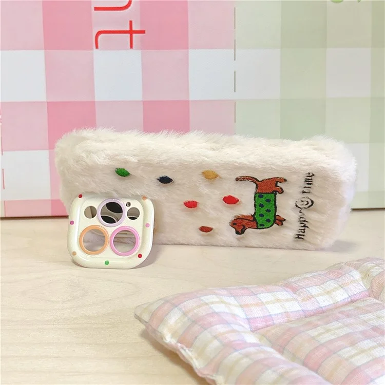 Для Iphone 15 Pro Max Case Case Throughed Dachshund Lens Lens Lins Wickstand TPU Шикарная Пушистая Телефонная Крышка - Белый