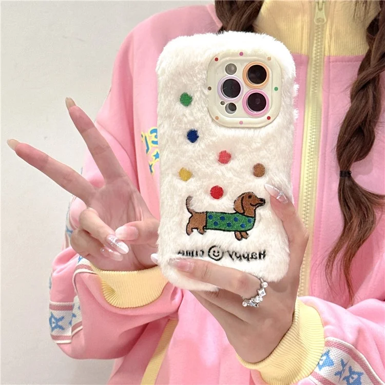Для Iphone 15 Pro Max Case Case Throughed Dachshund Lens Lens Lins Wickstand TPU Шикарная Пушистая Телефонная Крышка - Белый