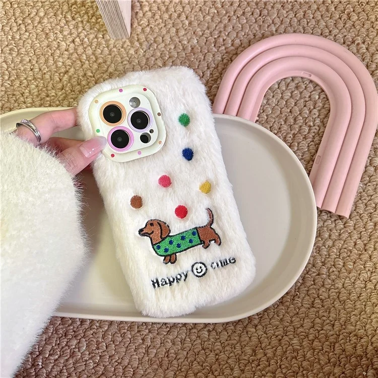 Для Iphone 15 Pro Max Case Case Throughed Dachshund Lens Lens Lins Wickstand TPU Шикарная Пушистая Телефонная Крышка - Белый