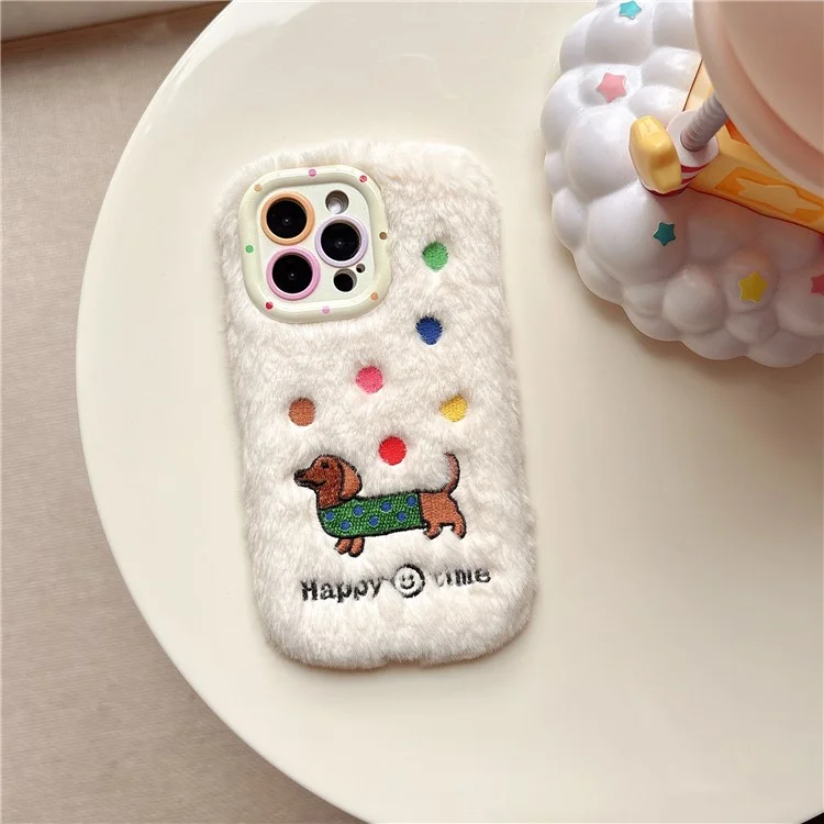 Для Iphone 15 Pro Max Case Case Throughed Dachshund Lens Lens Lins Wickstand TPU Шикарная Пушистая Телефонная Крышка - Белый