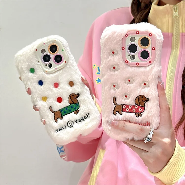 Для Iphone 15 Pro Max Case Case Throughed Dachshund Lens Lens Lins Wickstand TPU Шикарная Пушистая Телефонная Крышка - Белый