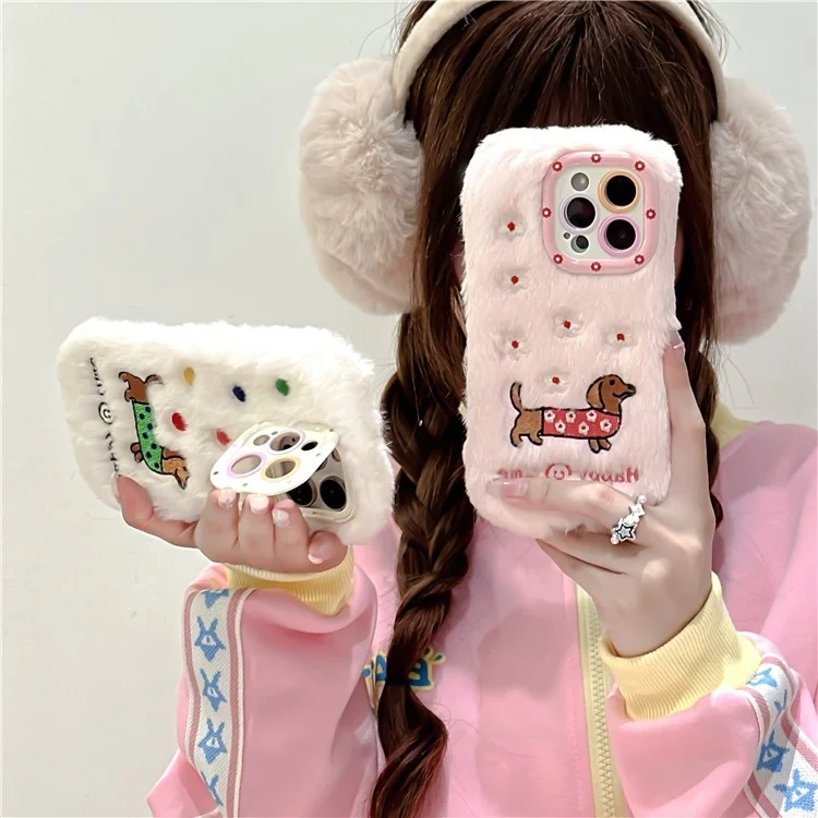 Для Iphone 15 Pro Max Case Case Throughed Dachshund Lens Lens Lins Wickstand TPU Шикарная Пушистая Телефонная Крышка - Белый