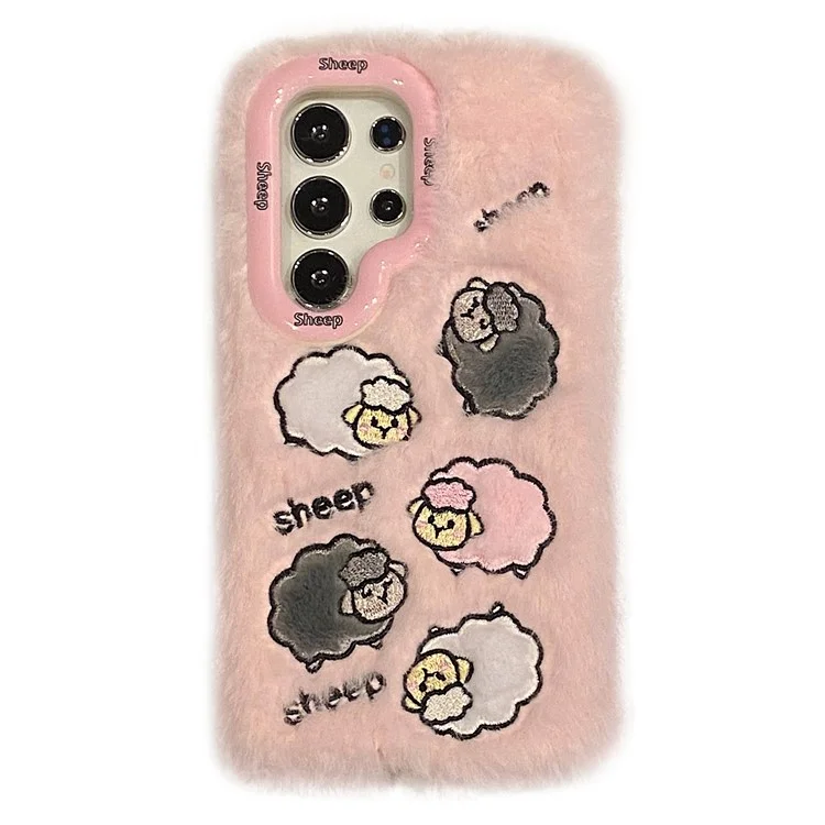 KJS-007 For Samsung Galaxy S24 Ultra Case Embroidered Sheeps Lens Kickstand TPU Plush Furry Phone Cover - Pink