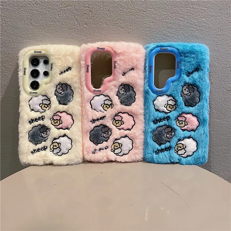 KJS-007 For Samsung Galaxy S24 Ultra Case Embroidered Sheeps Lens Kickstand TPU Plush Furry Phone Cover - Pink