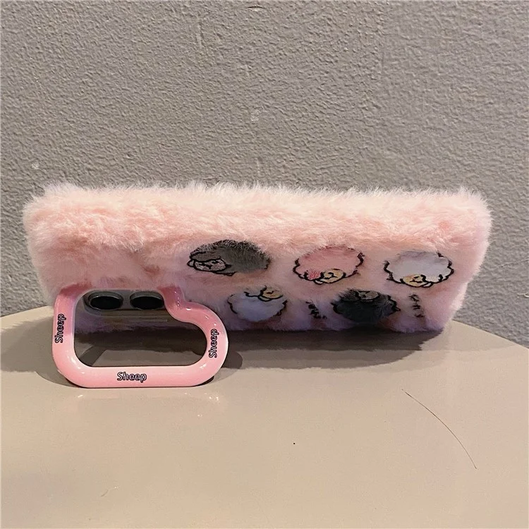 KJS-007 For Samsung Galaxy S24 Ultra Case Embroidered Sheeps Lens Kickstand TPU Plush Furry Phone Cover - Pink