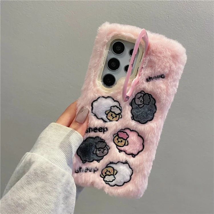KJS-007 For Samsung Galaxy S24 Ultra Case Embroidered Sheeps Lens Kickstand TPU Plush Furry Phone Cover - Pink