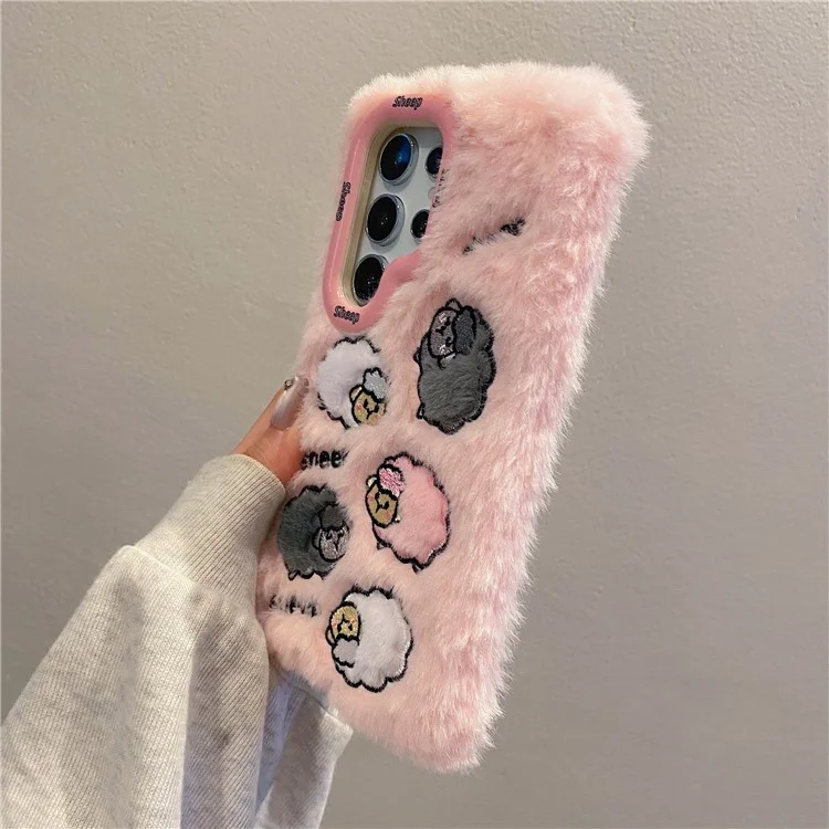 KJS-007 For Samsung Galaxy S24 Ultra Case Embroidered Sheeps Lens Kickstand TPU Plush Furry Phone Cover - Pink