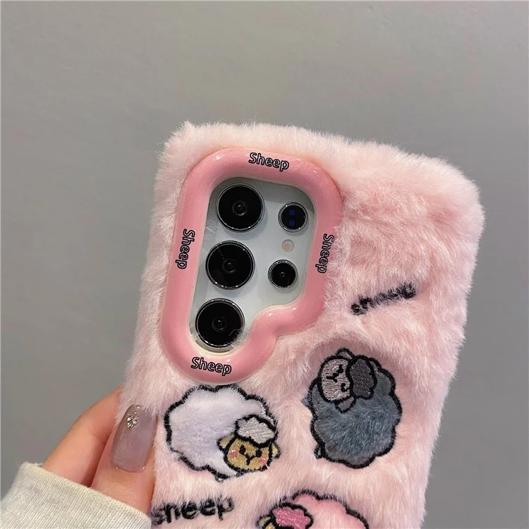 KJS-007 For Samsung Galaxy S24 Ultra Case Embroidered Sheeps Lens Kickstand TPU Plush Furry Phone Cover - Pink