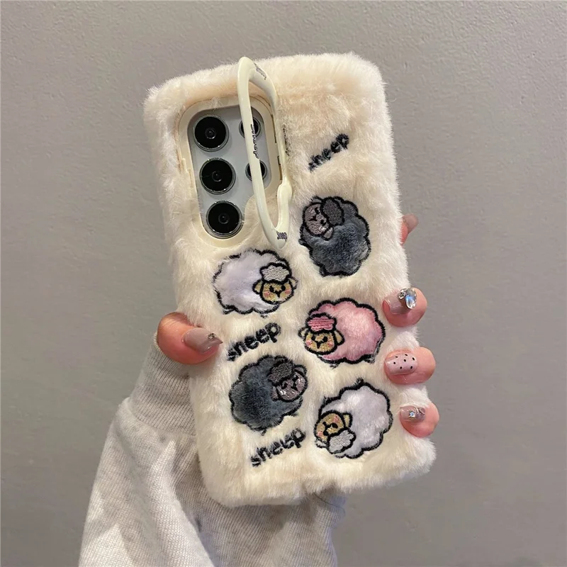 Per Samsung Galaxy S24 Ultra Case Ricamato a Pecora Ricamato a Cavendone TPU Plush Furry Phone Cover - Bianco