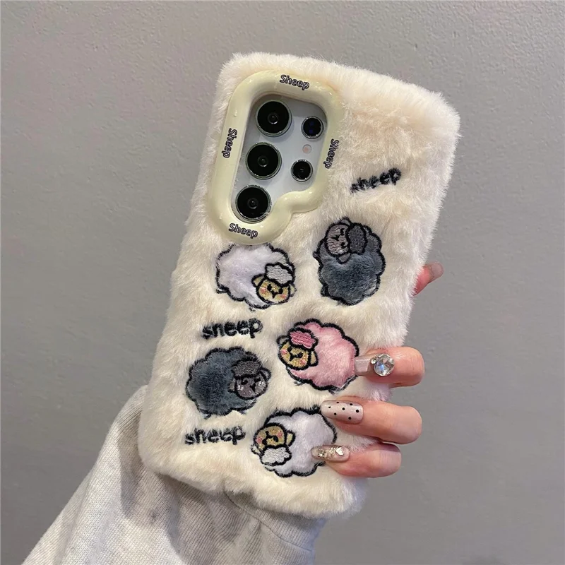 Per Samsung Galaxy S24 Ultra Case Ricamato a Pecora Ricamato a Cavendone TPU Plush Furry Phone Cover - Bianco