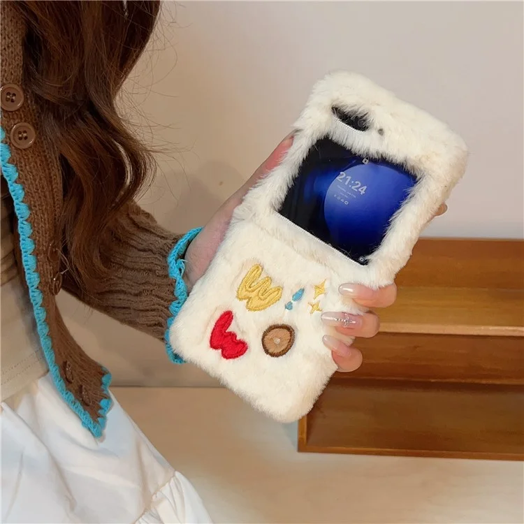KJS-018 For Samsung Galaxy Z Flip6 5G Case Embroidered WOW Soft Plush Hard PC Phone Cover - White