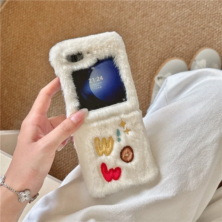 KJS-018 For Samsung Galaxy Z Flip6 5G Case Embroidered WOW Soft Plush Hard PC Phone Cover - White