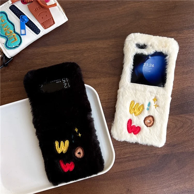 KJS-018 For Samsung Galaxy Z Flip6 5G Case Embroidered WOW Soft Plush Hard PC Phone Cover - White