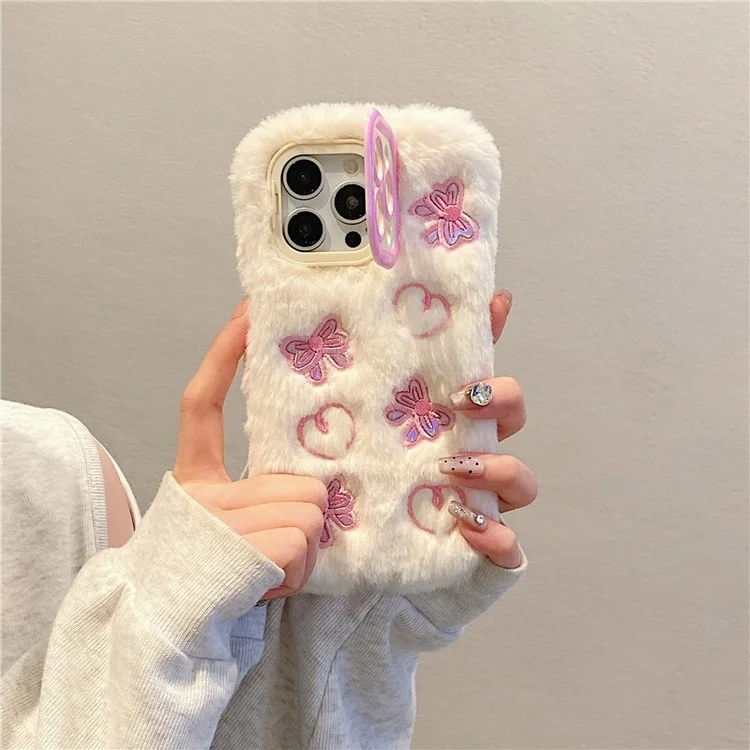 KJS-008 Для Iphone 15 Pro Max Case Case Batterfly Pattern Plush+tpu Cope Cope с Подставкой Для Каркаса Объектива - Белый