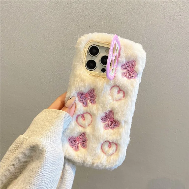 KJS-008 Для Iphone 15 Pro Max Case Case Batterfly Pattern Plush+tpu Cope Cope с Подставкой Для Каркаса Объектива - Белый
