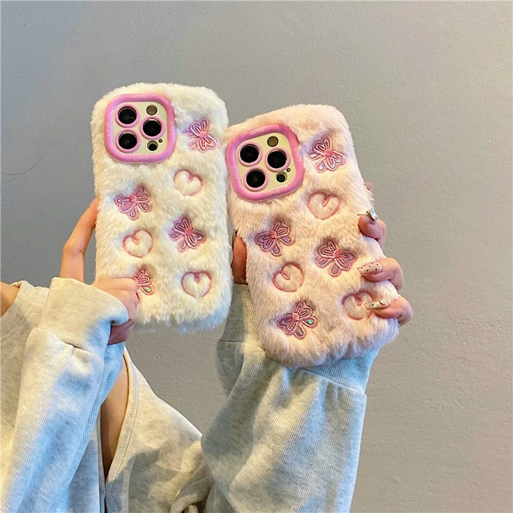 KJS-008 Для Iphone 15 Pro Max Case Case Batterfly Pattern Plush+tpu Cope Cope с Подставкой Для Каркаса Объектива - Белый