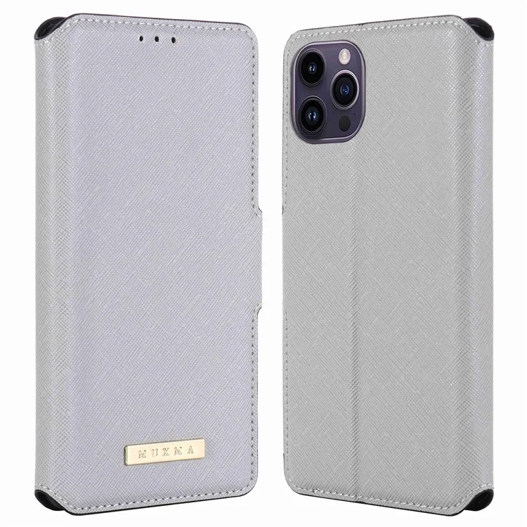 MUXMA MX115 PU Leather Case for iPhone 14 Pro, Cross Texture Side Magnetic Clasp Stand Wallet Folio Flip Phone Shockproof Cover - White