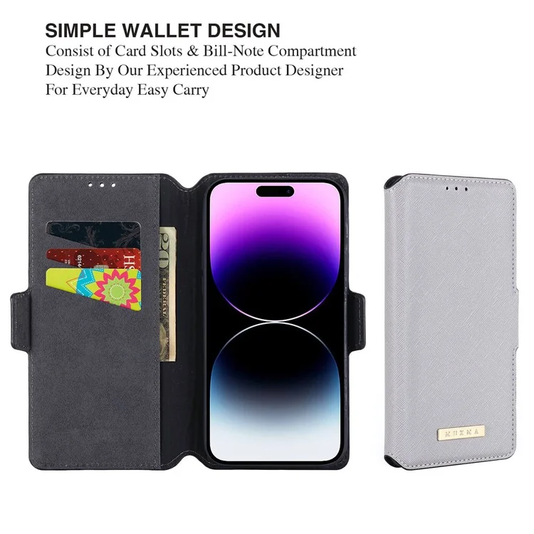 MUXMA MX115 PU Leather Case for iPhone 14 Pro, Cross Texture Side Magnetic Clasp Stand Wallet Folio Flip Phone Shockproof Cover - White
