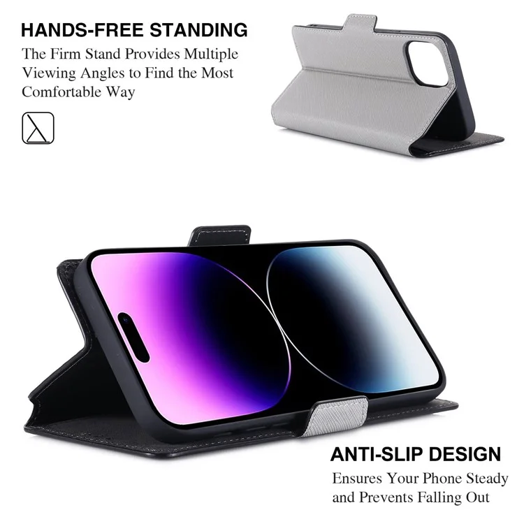 MUXMA MX115 PU Leather Case for iPhone 14 Pro, Cross Texture Side Magnetic Clasp Stand Wallet Folio Flip Phone Shockproof Cover - White
