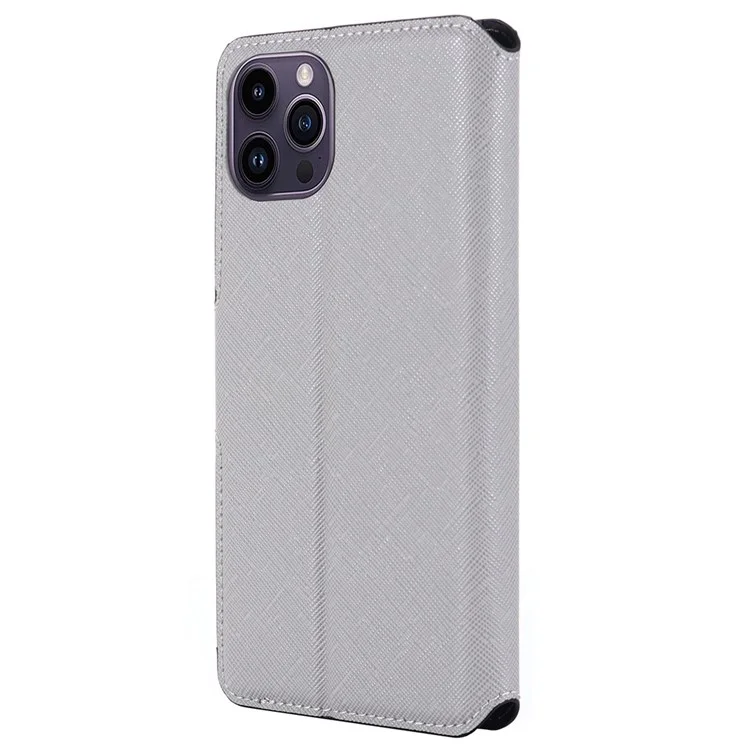 MUXMA MX115 PU Leather Case for iPhone 14 Pro, Cross Texture Side Magnetic Clasp Stand Wallet Folio Flip Phone Shockproof Cover - White