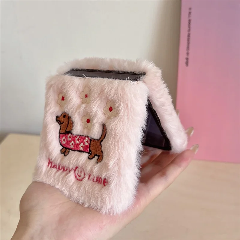 KJS-029 Para Samsung Galaxy Z Flip6 5G Case Bordada Dachshund Hard PC Plexho - Rosa
