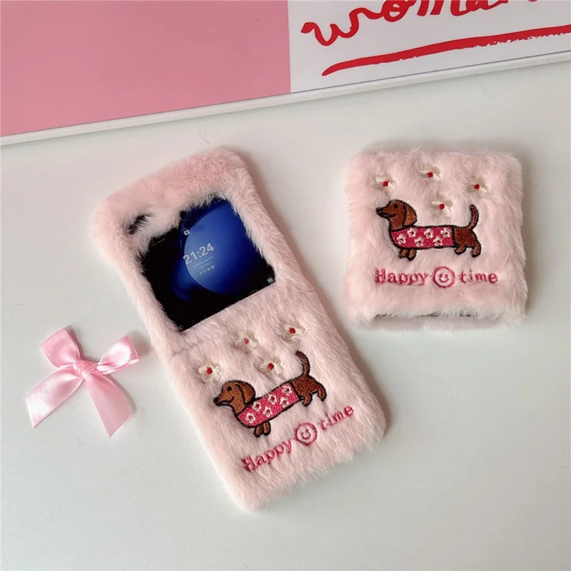 KJS-029 Para Samsung Galaxy Z Flip6 5G Case Bordada Dachshund Hard PC Plexho - Rosa
