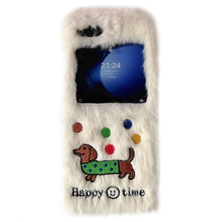KJS-029 For Samsung Galaxy Z Flip6 5G Case Embroidered Dachshund Hard PC Plush Furry Phone Cover - White