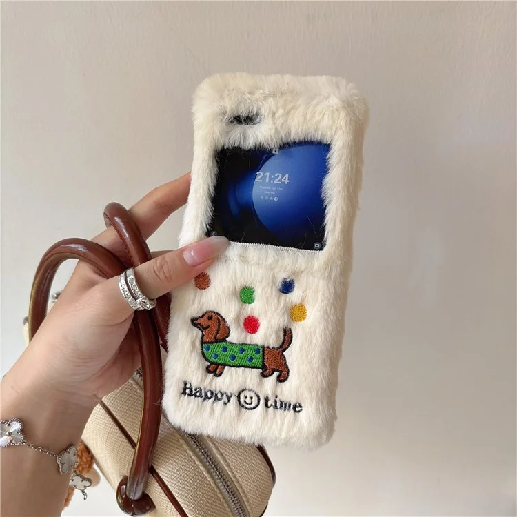 KJS-029 For Samsung Galaxy Z Flip6 5G Case Embroidered Dachshund Hard PC Plush Furry Phone Cover - White