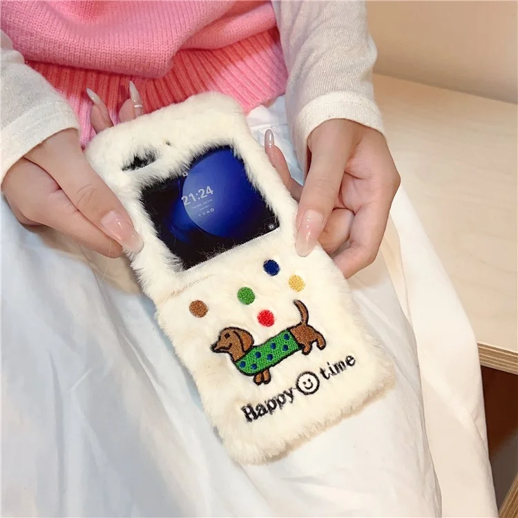 KJS-029 For Samsung Galaxy Z Flip6 5G Case Embroidered Dachshund Hard PC Plush Furry Phone Cover - White